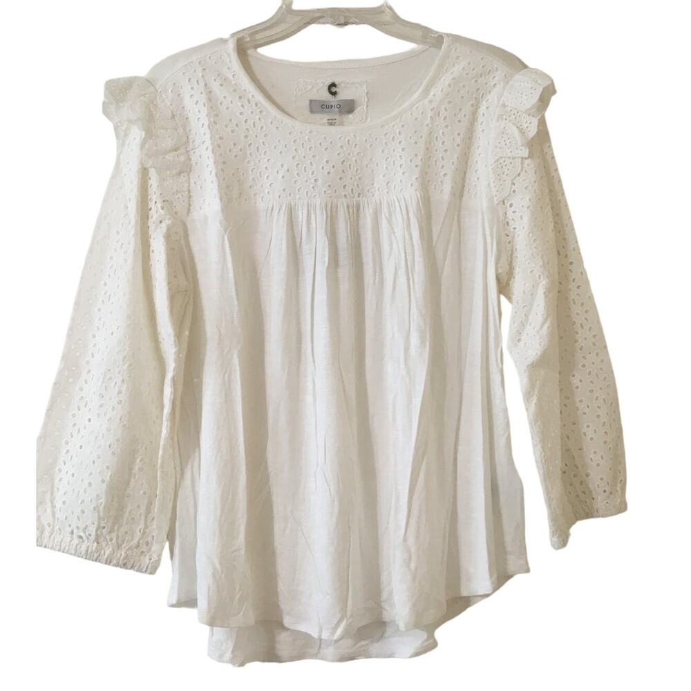NWT Cupid Womens Top Medium Ivory 3/4 Ruffle Cap Sleeve Eyelet Bodice & Sleeves